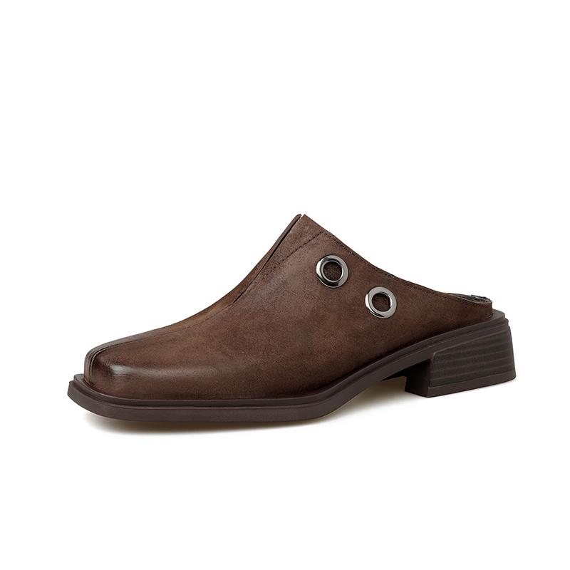 Fashion Elegant Women Summer New Square Toe Cowhide Genuine Leather Slides Shoes Office Ladies Work Med Heels Slip On Loafers Slippers