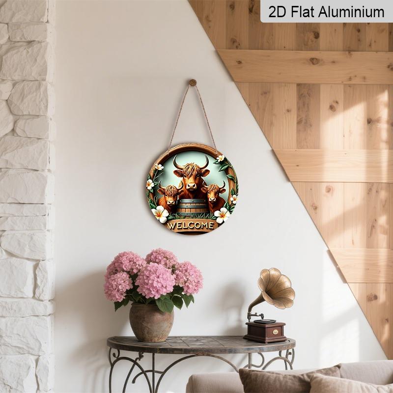 2D Flat Highland Cow Home Welcome Doorplates, Aluminum Decorative Signs and Plaques In Various Sizes. Floral Design Hanging Door Decorations