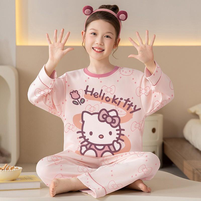 100% Cotton Girls Long Sleeve Pajamas Set Cartoon Print Round Neck Sleepwear Kids 8 Years