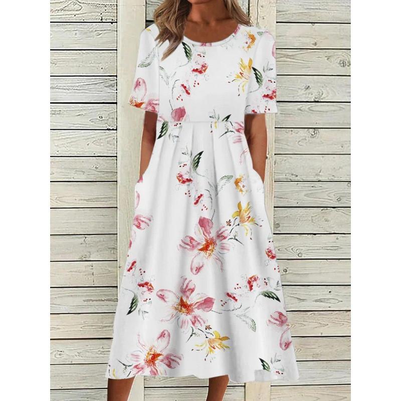 Summer Casual Women Dress With Floral Print And Large Skirt For Daily Wear