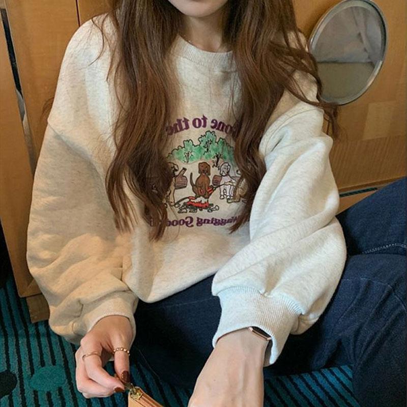 Printed Sweatshirts Women's Clothing Casual O-Neck Autumn Winter New Fleece Loose Basic Long Sleeve Hoodies