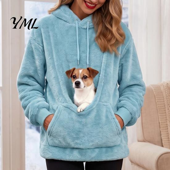 Sudadera con capucha extragrande para mujer, con bolsillo para mascota, peluda, con bolsillo tipo canguro, jersey con capucha para llevar perro/gato, para Otoño Invierno, cachorro