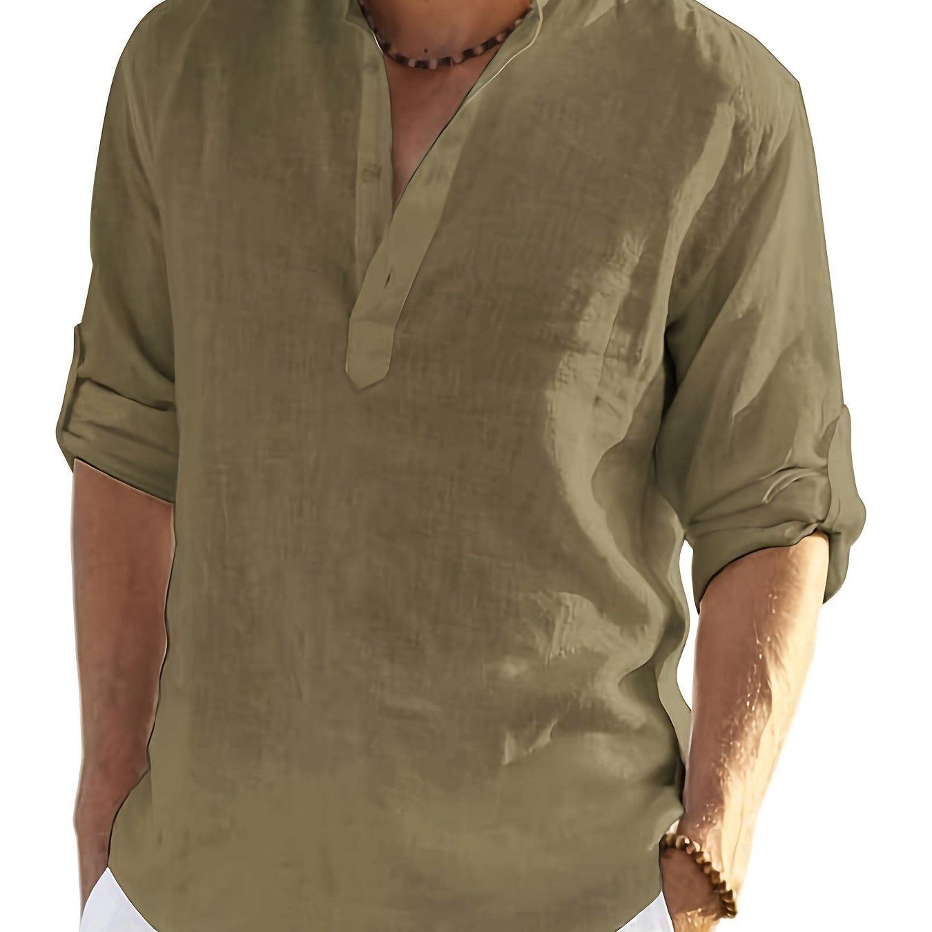 

Spring European and American Men s Casual Loose Shirt Men s Trendy Stand-up Collar Cotton and Linen Long-sleeved Solid Color Shirt Large Size Men s XXXL армія зелений колір