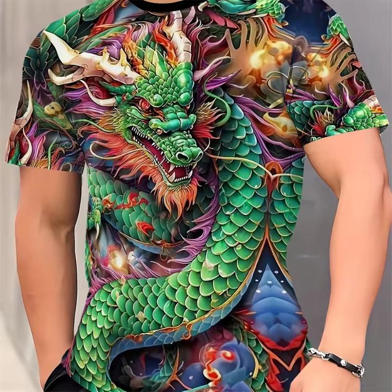 3D Digital Animation Style Roaring Dragon Pattern Round Neck Short Sleeve T Shirt Fashion Cool Men's Summer Streetwear Tops