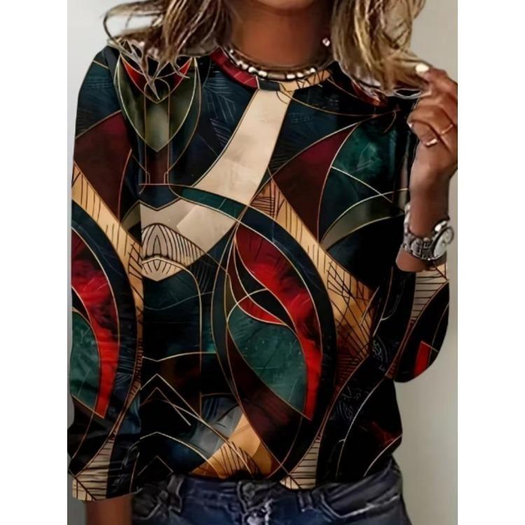 3D Floral Printed Long Sleeve T Shirt Women Fashion Round Neck Top Holiday Weekend S
