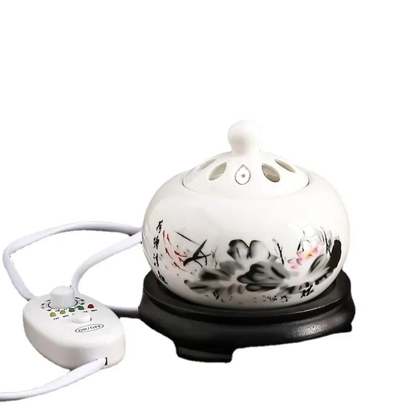 110V/220V Fornello per Oli Essenziali a Forma di Loto Ceramica Spina Elettrica Bruciatori di Incenso in Polvere di Sandalo OUDH Meditazione Stufa Profumata