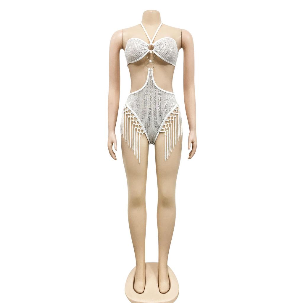 X5751 European Fashion Women's Sequin Backless Fringe Jumpsuit Shorts