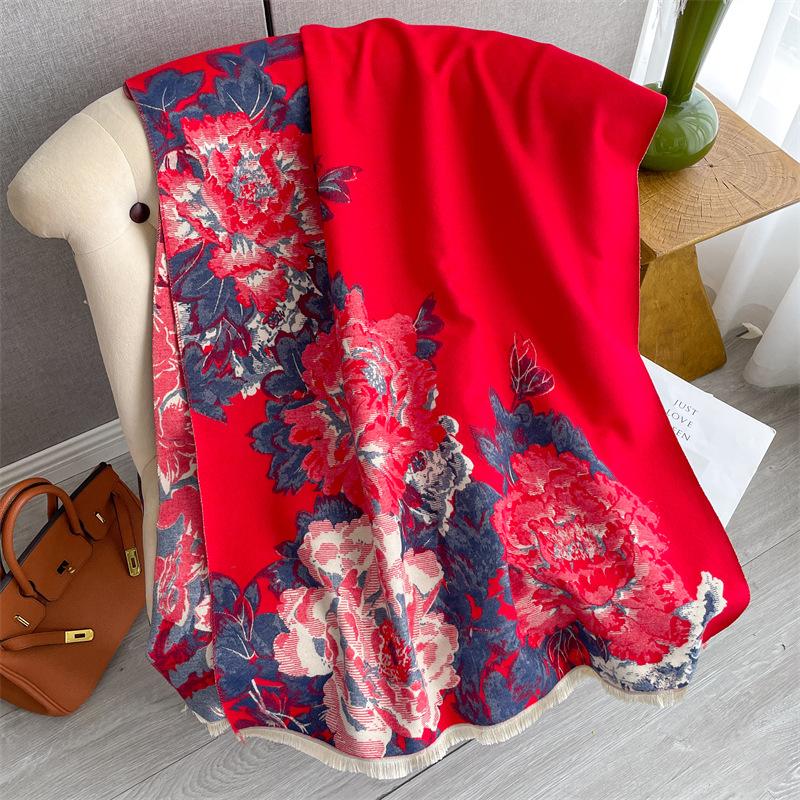 New winter cashmere scarf women's peony flower thickened warm scarf retro elegant high-end shawl