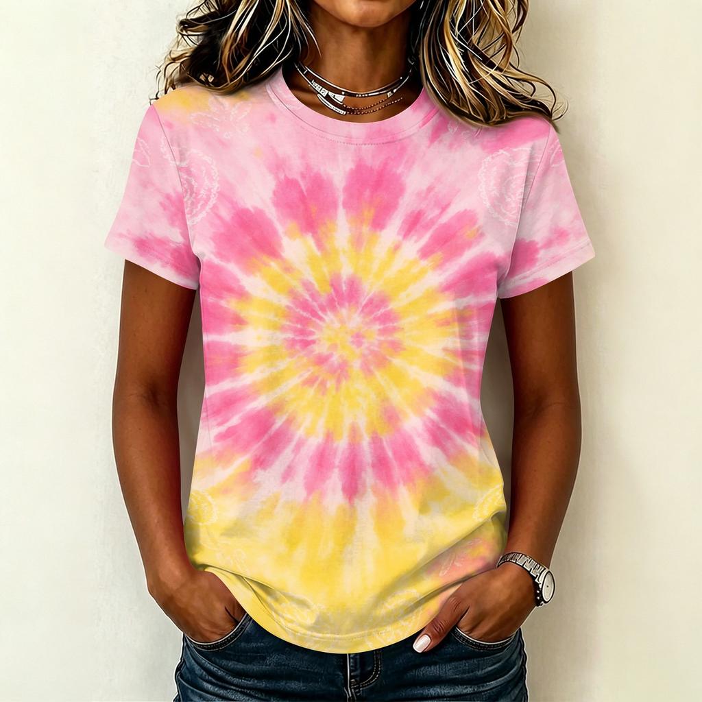 Women's Casual Pullover T Shirt Short Sleeve Round Neck Tie Dye Print Top Lightweight Comfortable Fit
