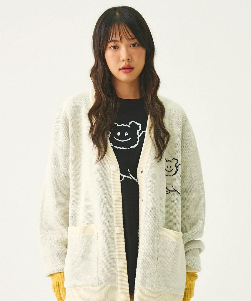 Graver [Unisex] Big Line Bear Smile Knit Cardigan_Cream