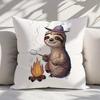 "Sloth Roasting Marshmallows" Pillow Cover 2D Printed Polyester Sofa Cushion Case – Cute Camping Animal Decor 40X40Cm