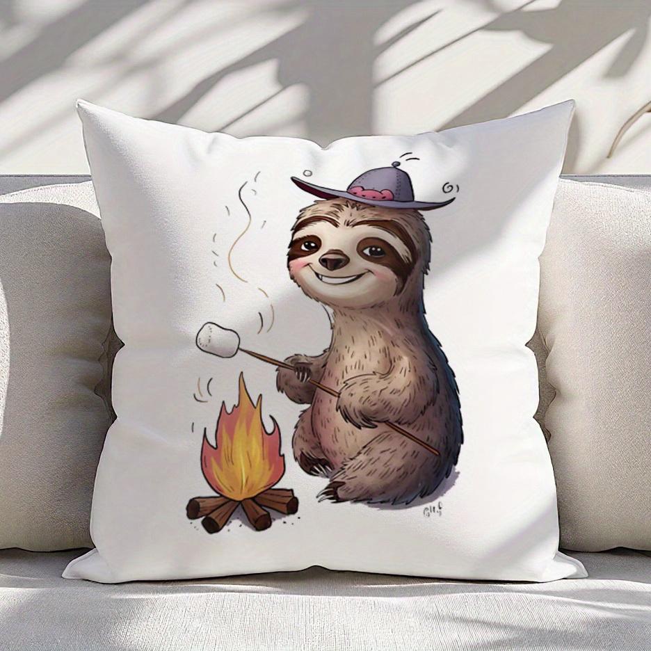 "Sloth Roasting Marshmallows" Pillow Cover 2D Printed Polyester Sofa Cushion Case – Cute Camping Animal Decor 40X40Cm