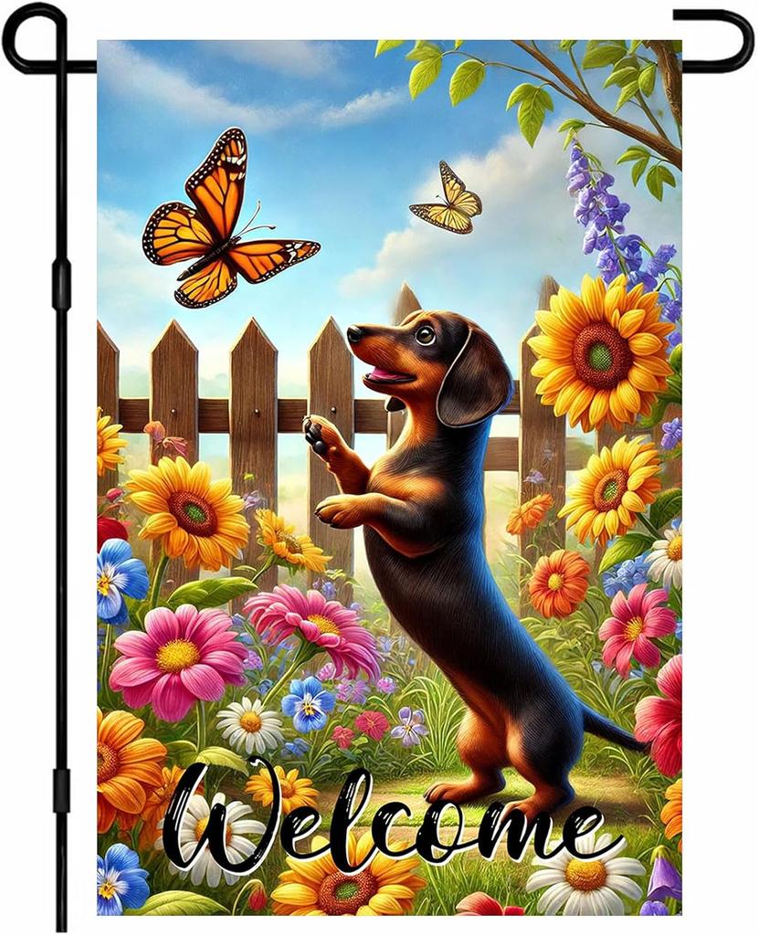 IVN Spring Garden Ag 12x18 Inch Double Sided Dachshund Puppy with Monarch Butteries and Sunowers Welcome Outdoor Yard GGO