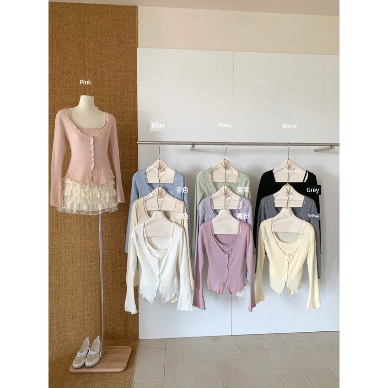 

Thirteen Rows 2025 Spring Thin Fake Two-Piece Knitted Sweaters Soft Glutinous Silm Wavy Edge Strappy Cardigan Green All yards