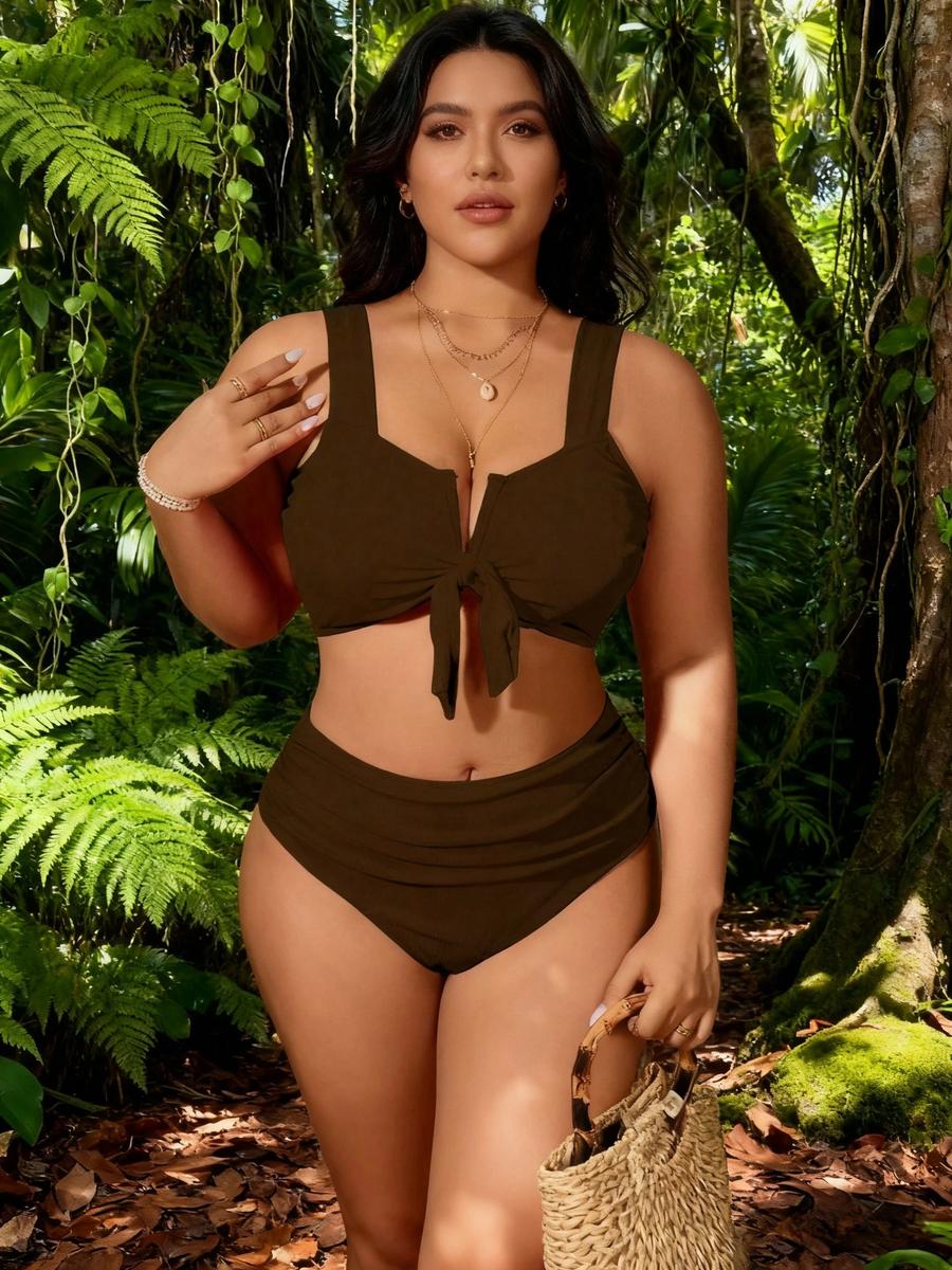 Новый женский купальник большого размера - Раздельный купальник, Сексуальное бикини, Купальник для пляжного отдыха большого размера L кофейный