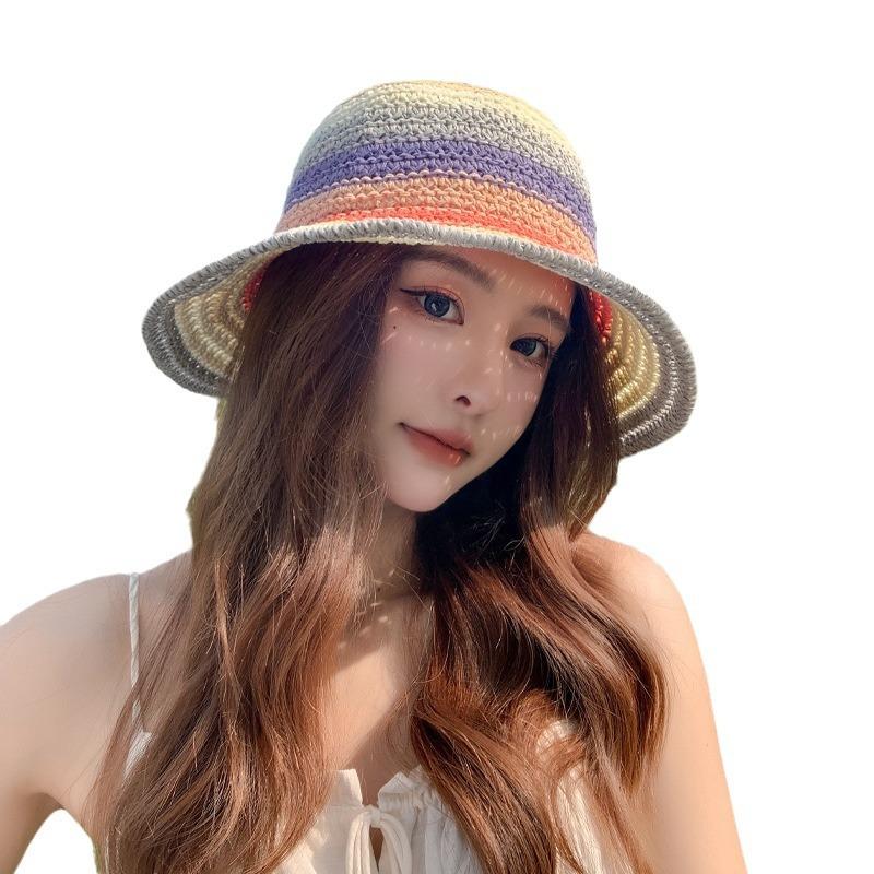 Hyunya Wind Rainbow Straw Bucket Hat Female Summer Breathable Sunshade Sunscreen Bucket Hat Show Face Small Straw Hat