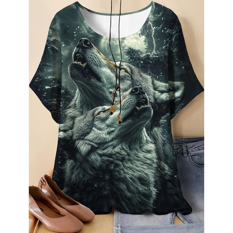 Neues Damen T-Shirt 3D Wolf Druck Rundhals Kurzarm Mode Grafik T-Shirts Lustige Streetwear Tops Y2k Lockeres T-Shirt Damen Kleidung