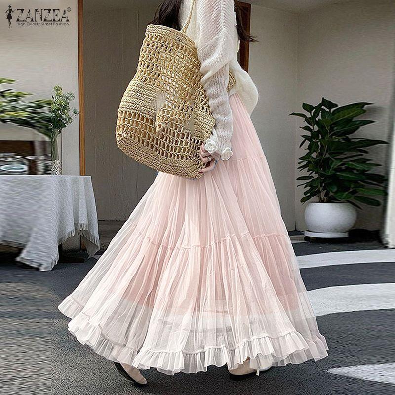 ZANZEA Gonna da Donna Casual a Vita Elastica Larga con Inserti in Rete e Tulle