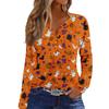 Women's Long Sleeve V-Neck T-Shirt with Button and Halloween Print Casual Top