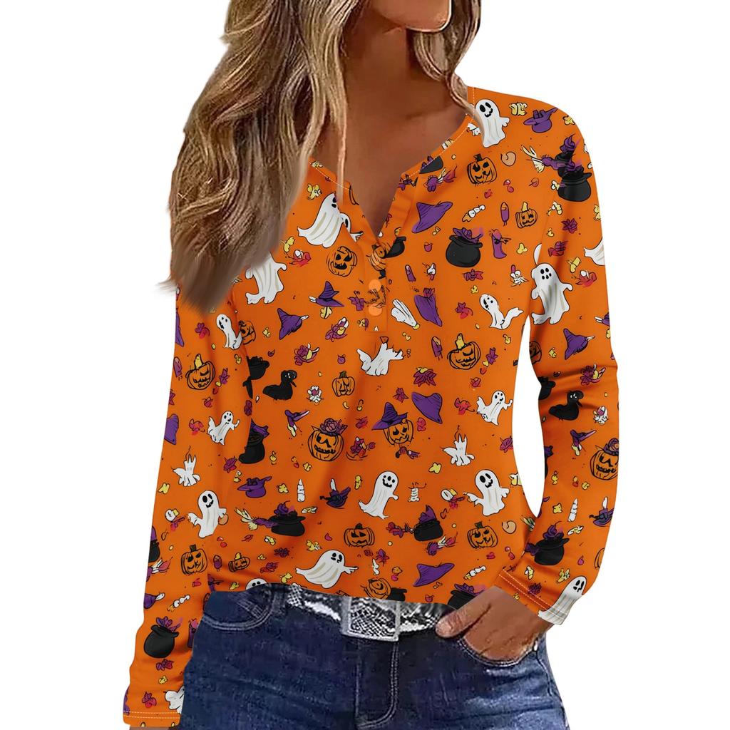 Women's Long Sleeve V-Neck T-Shirt with Button and Halloween Print Casual Top