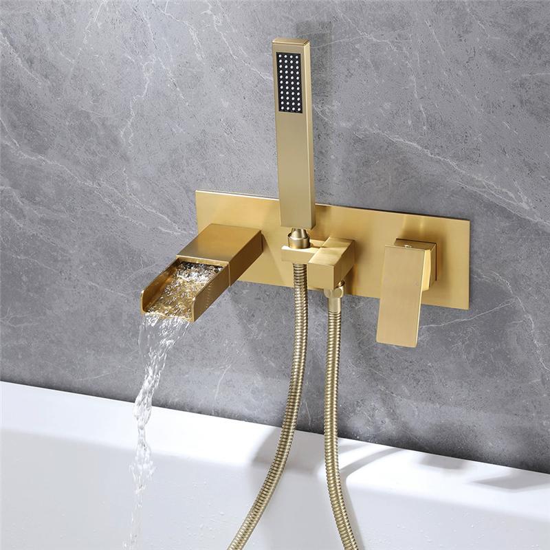 

Tuqiu Brushed Gold Bath and Shower Faucet Set Wall Mounted Brass Gray Waterfall Bathtub and Shower Mixer Bathroom Taps Brass