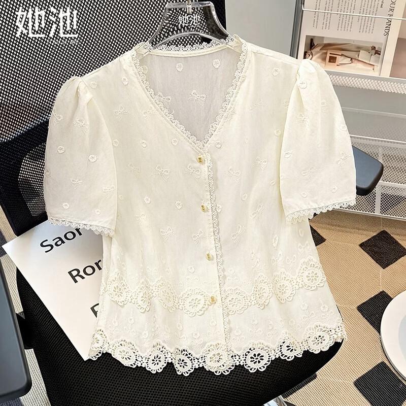 Women s French Style V-Neck Lace Blouse One Size