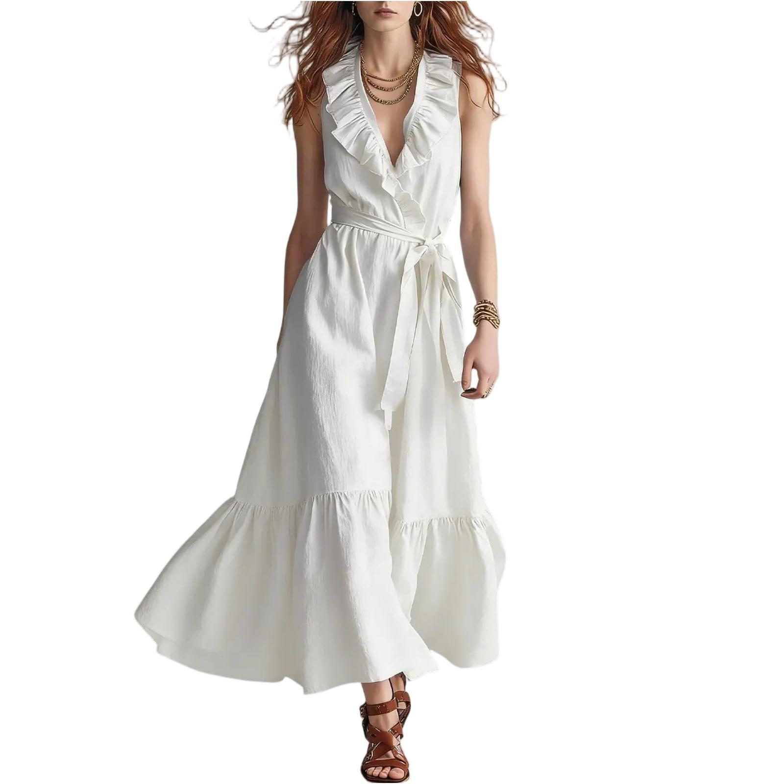 

Ladies Casual V-neck Sleeveless Lace Tied Patchwork Dress S білий