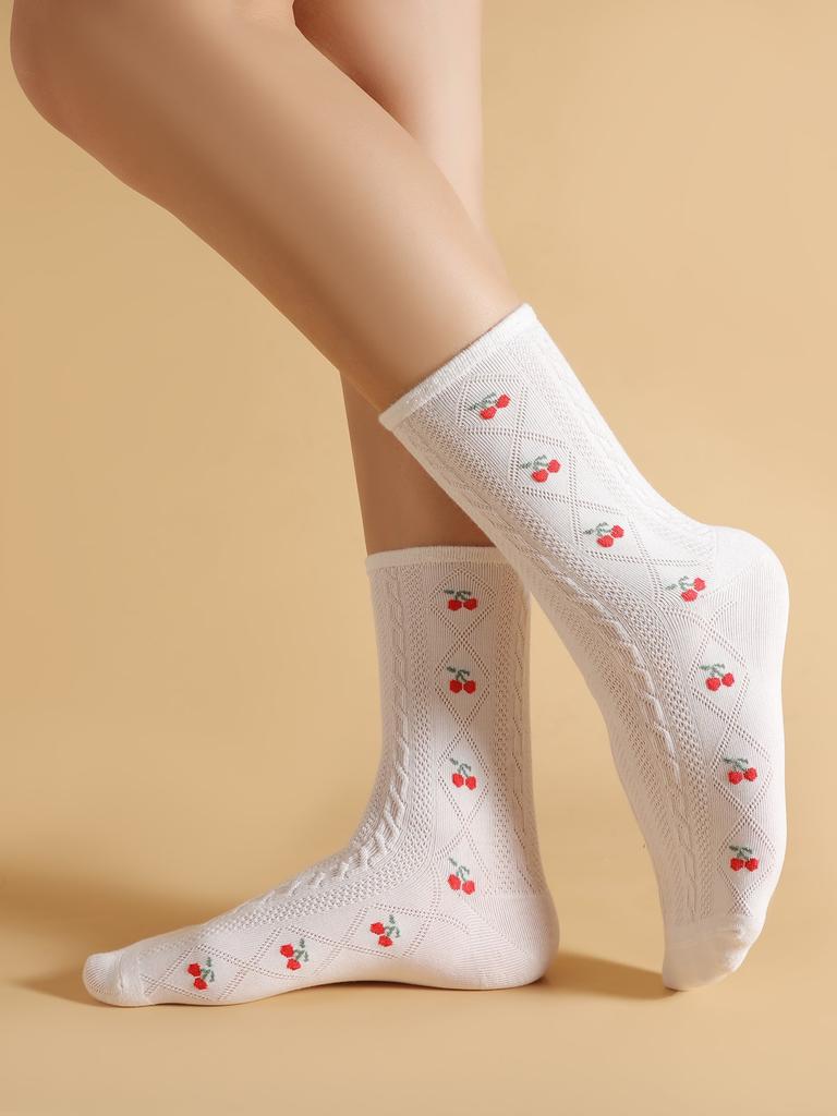 1 pack Cotton Socks Versatile Knitted Cute Girl Sweat Absorption Cherry pattern Mid-calf Casual Socks