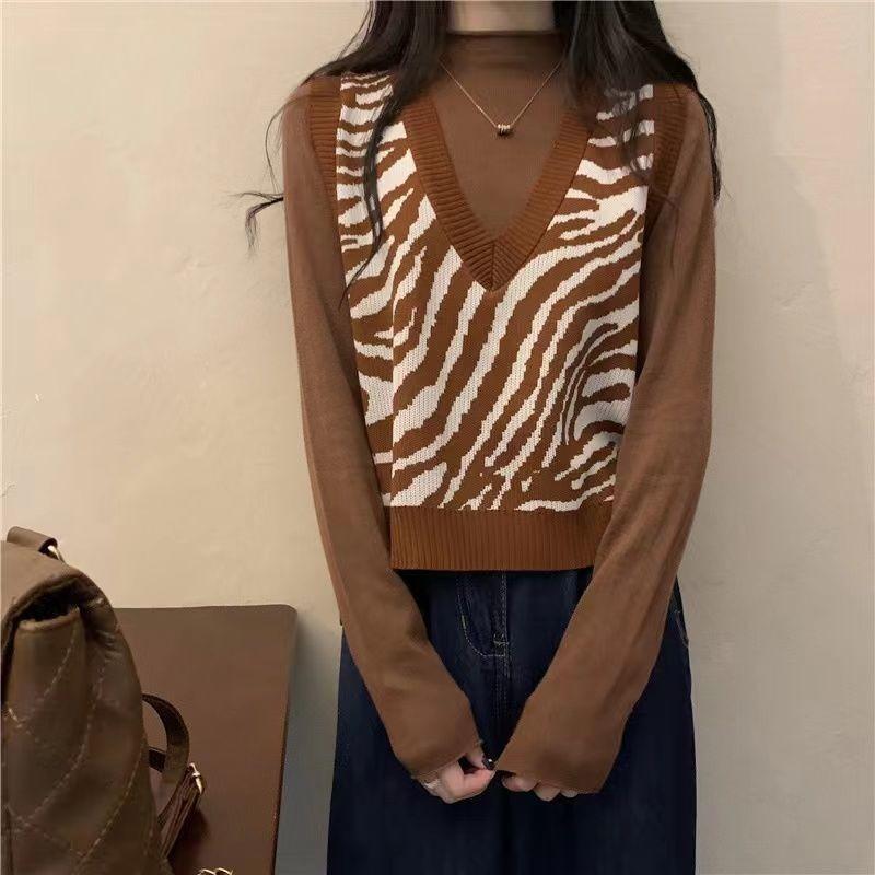 Retro Zebra Sweater Vest Women 2023 Spring and Autumn Korean Version Foreigner Loose Sweater Tank Knitted Vest Pullover Female