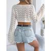 HNXC  Spring Summer Solid-color Hollowed-out Flared Sleeve Casual Loose Knitted Sweater Vacation Crop Top Women's Wear