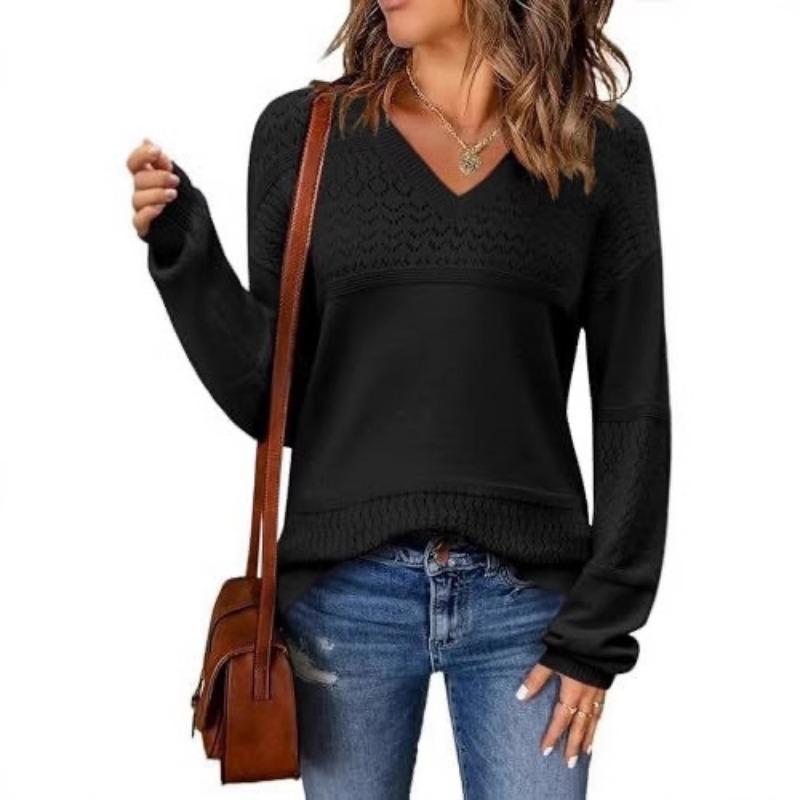 New Style Sweater Contrasting Color Solid Color V-neck Hollow Pullover for Women