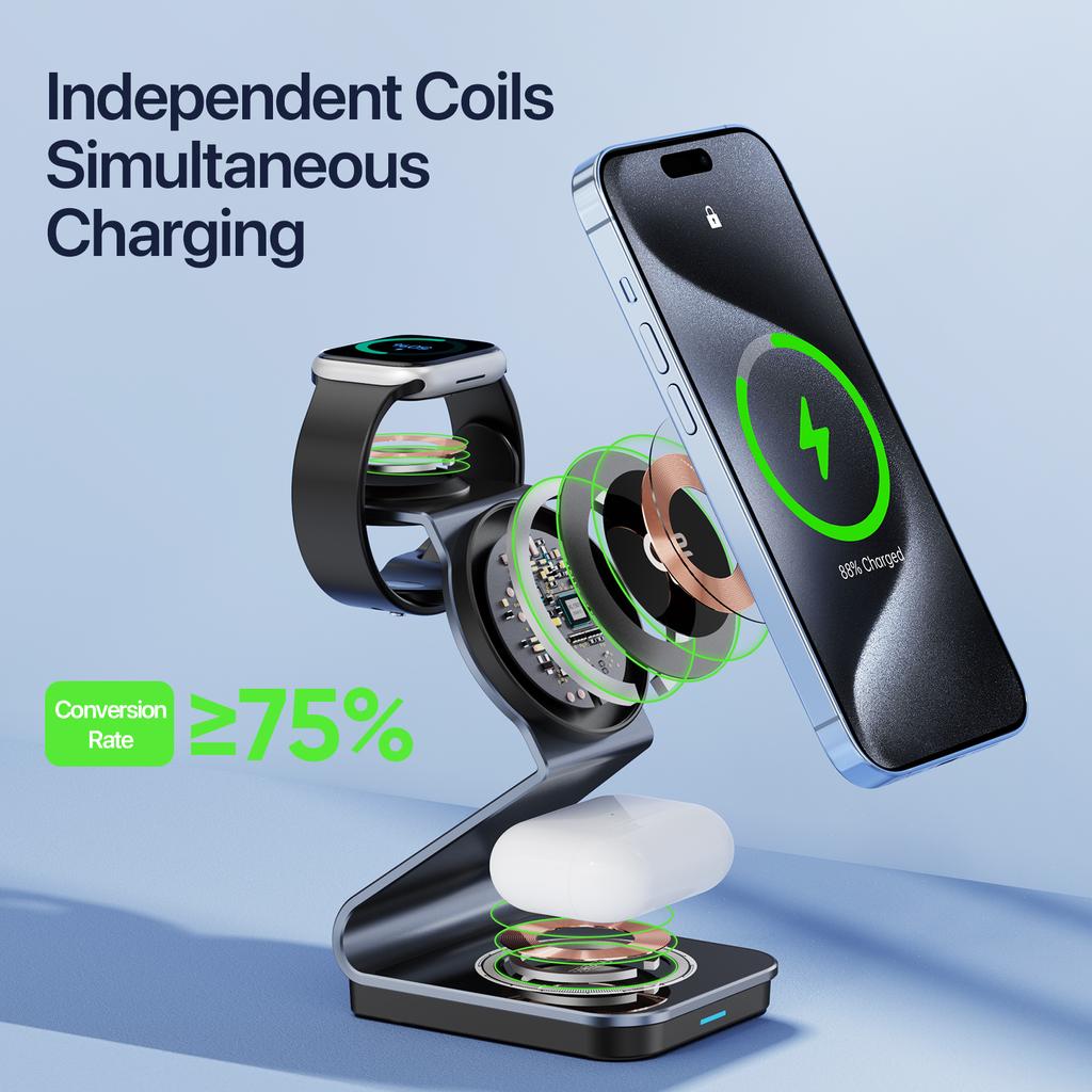 DUZZONA W21 3-in-1 15W Wireless Charging Stand Phone Earphone Watch Charger (Qi2 Certified) for iPhone 16 Series/Apple Watch 10/AirPods 4