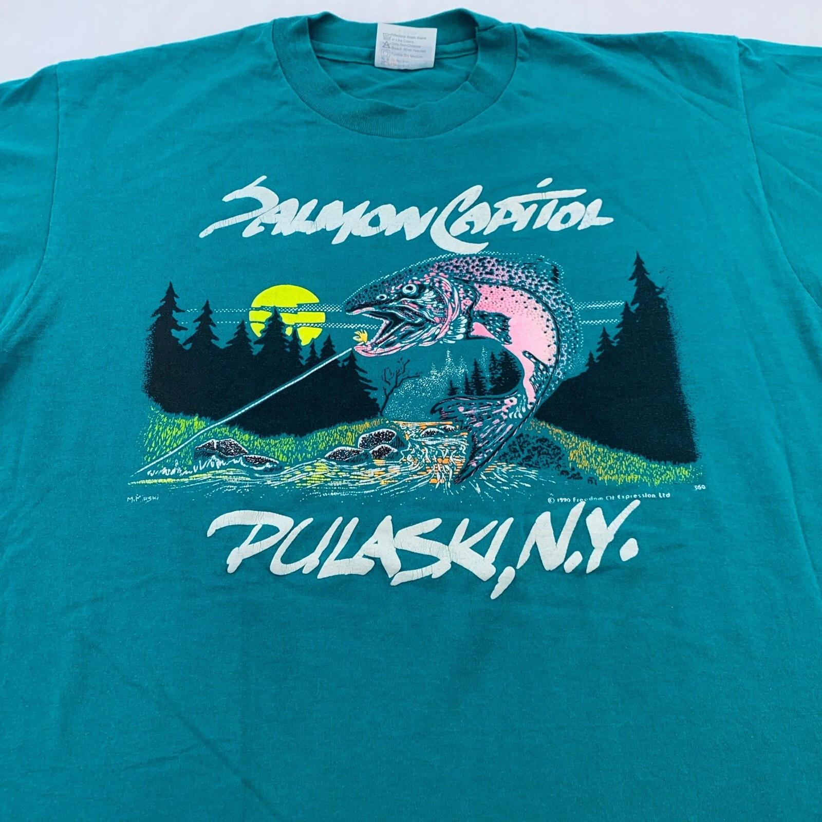 

vintage 90s PULASKI NEW YORK SALMON CAPITOL T-Shirt LARGE fishing lake soft S