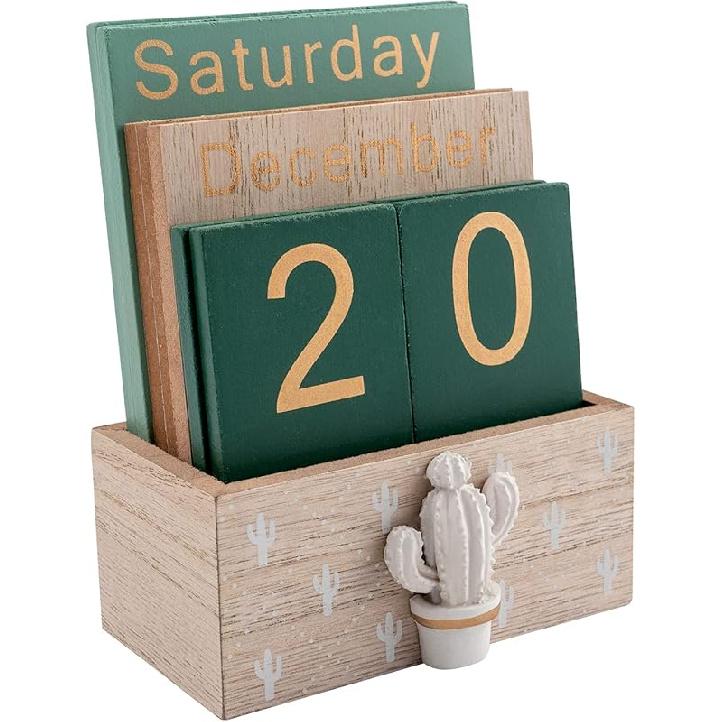 Desktop Perpetual Calendar Wooden Block Retro Calendar for Livingroom Office Shop Bar Desk Decor Week Month Day Display (Green cactus)