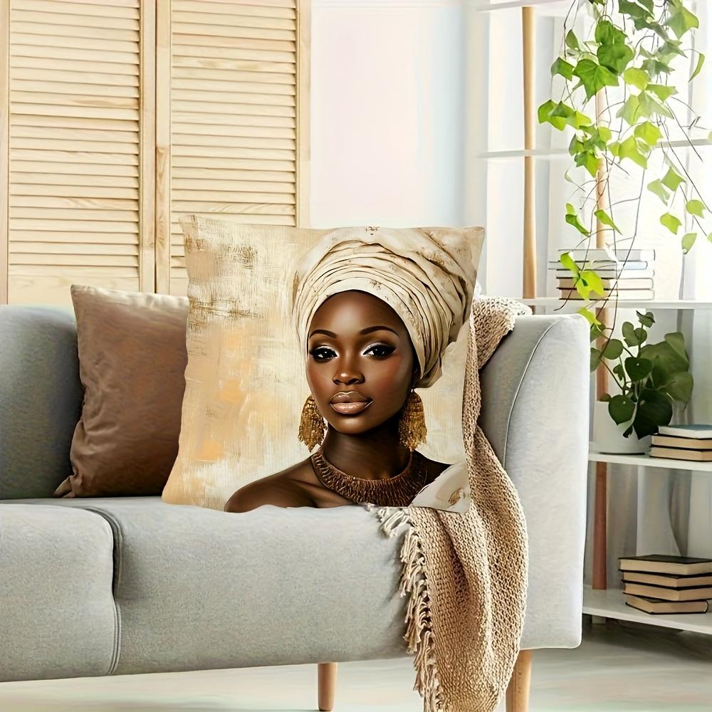 Double Sided Stylish African Woman With Golden Jewelry Print Throw Pillow Cover For Sofa And Bedroom Decoration