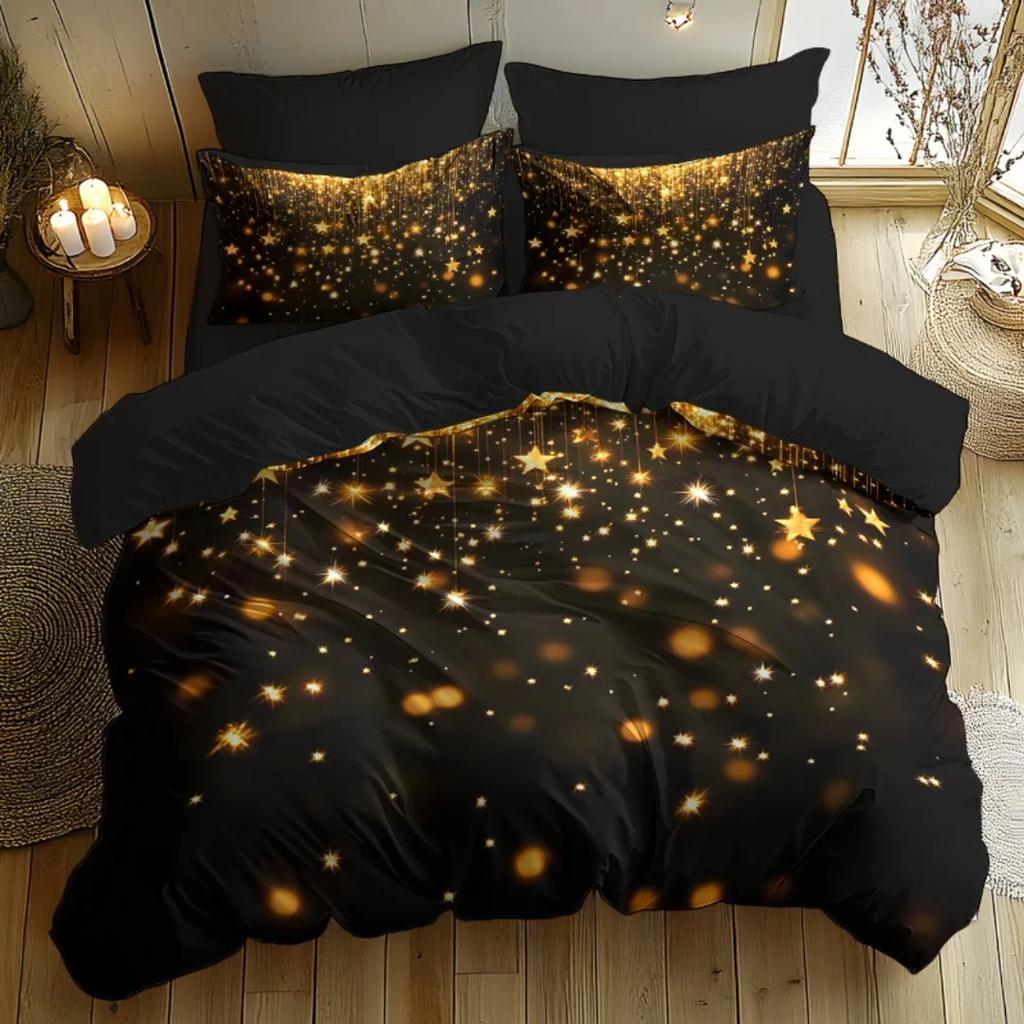 3Pcs Black Golden Shiny 3D Print Bedding Set Cozy Comfortable Duvet Cover King Queen Twin Size Birthday Gift Bedroom Decoration