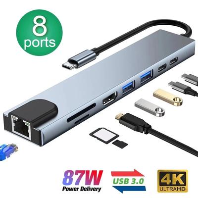 8 In 1 USB C Hub Type C 3.1 To 4K HD Adapter With RJ45 SD/TF Card Reader PD Fast Charge For MacBook Notebook Laptop Computer