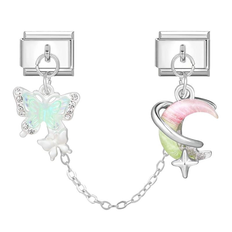Y2K Zircon Moon Bow Star Pink Heart Tassel Chain Italian Charm Links Fit 9MM Stainless Steel Bracelet Women DIY Making Jewelry