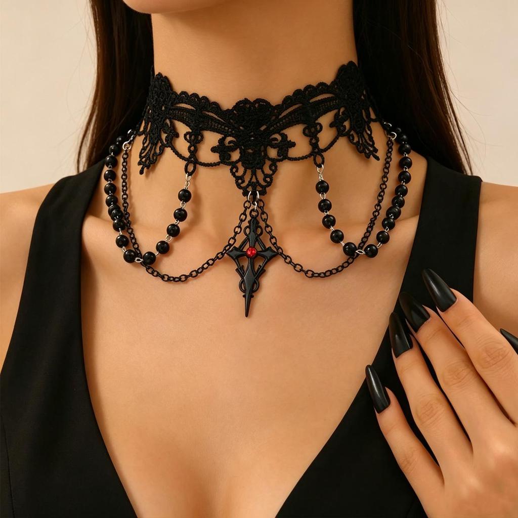 Gothic Black Lace Chain Cross Necklace Choker