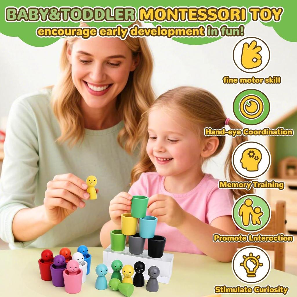 Montessori Hračky na třídění barev Hra na přiřazování barev Senzorická hra Dřevěné kolíčkové panenky v kelímcích Vzdělávací hračky pro rané vzdělávání Pro batole 3+