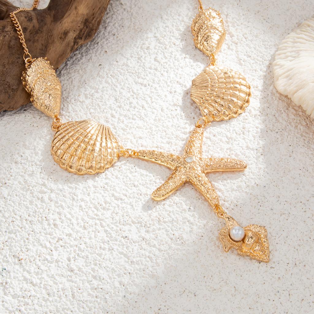 Handmade Starfish Scallop Conch Pendant Choker Necklace Holiday Bohemian Adjustable Chain Grunge Jewelry Gift Punk Metal Necklaces for Women