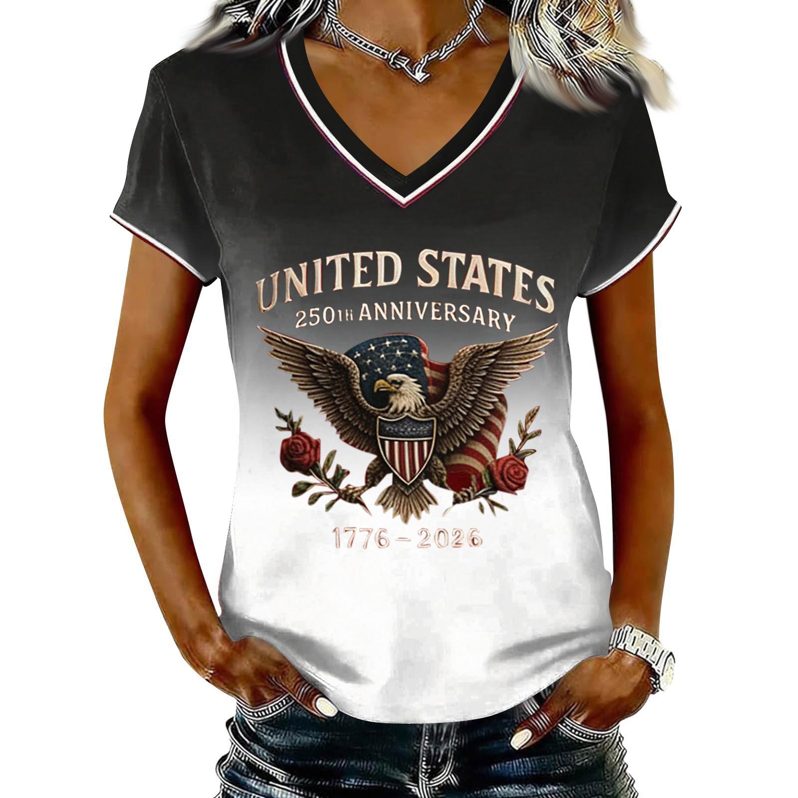

Women s Casual V Neck Short Sleeve Pullover T Shirt Gradient Independence Day Print Top Lightweight Comfortable Fit S білий