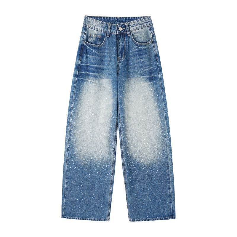 Spring Summer Shiny Rhinestone Low Waist Cat Whisker Detail Relaxed Wide Leg Slim Trendy Denim Pants Ladies Casual Pants Oversize Denim Trousers