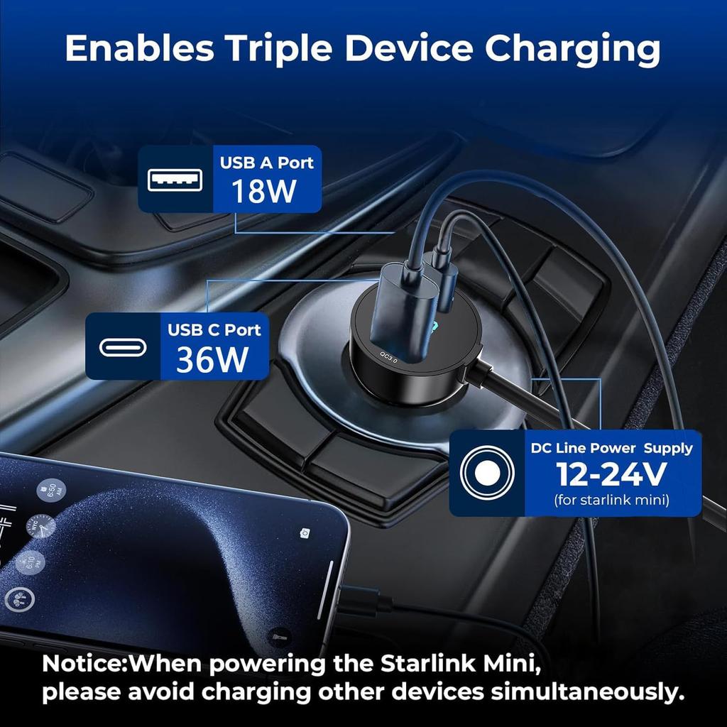 3 in 1 Starlink Mini Cable 10FT, Starlink Mini Car Charger DC Power Cable+Cigarette Lighter Adapter 12V-48V with Digital Display, Durable USB C PD