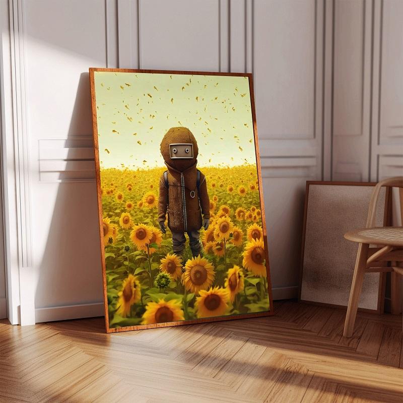 Vintage Lonely Boy Bot Toy Sunflowers Posters Wall Art Canvas Painting Nordic Poster Print Wall  for Kidsroom Nursery Decor