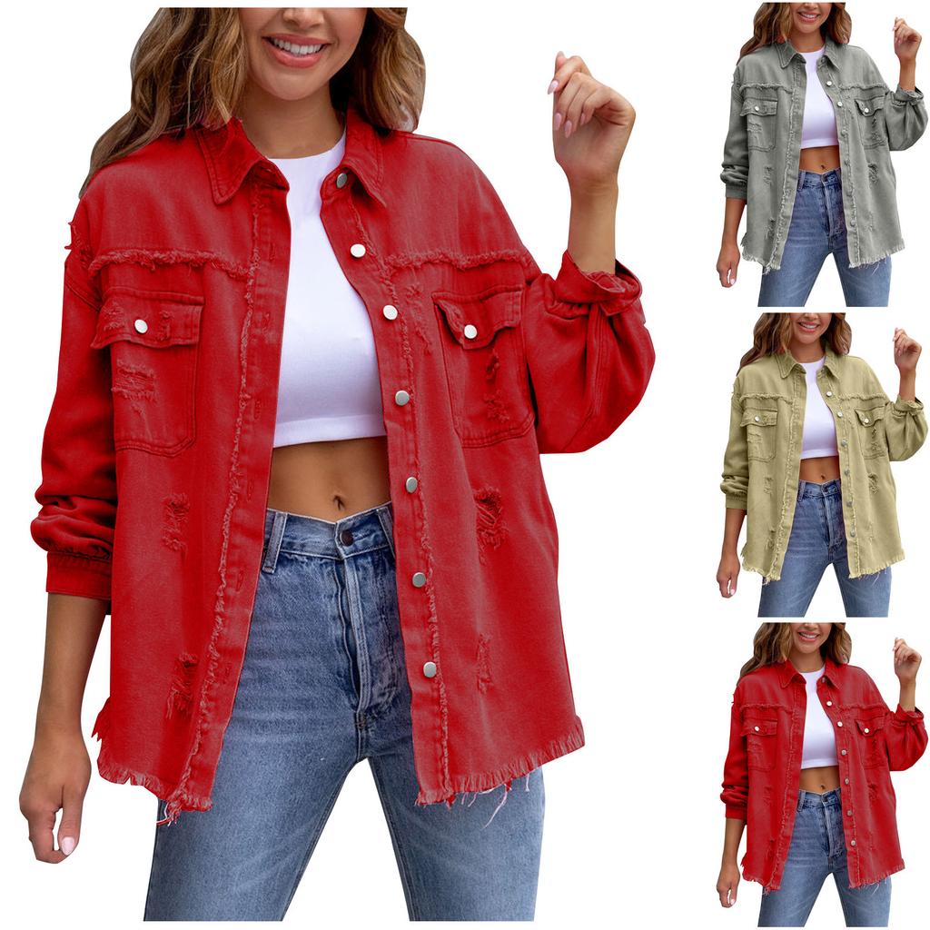 Womens Denim Jacket Button Down Shirts Distressed Frayed Coat With Pockets