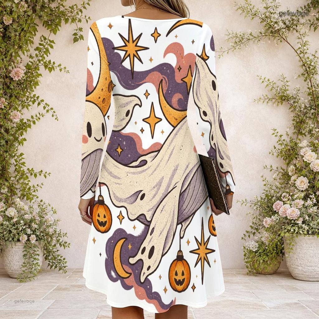 Women Criss Cross V Neck Long Sleeve Halloween Ghost Pumpkin Printed Curved Hem White Dress