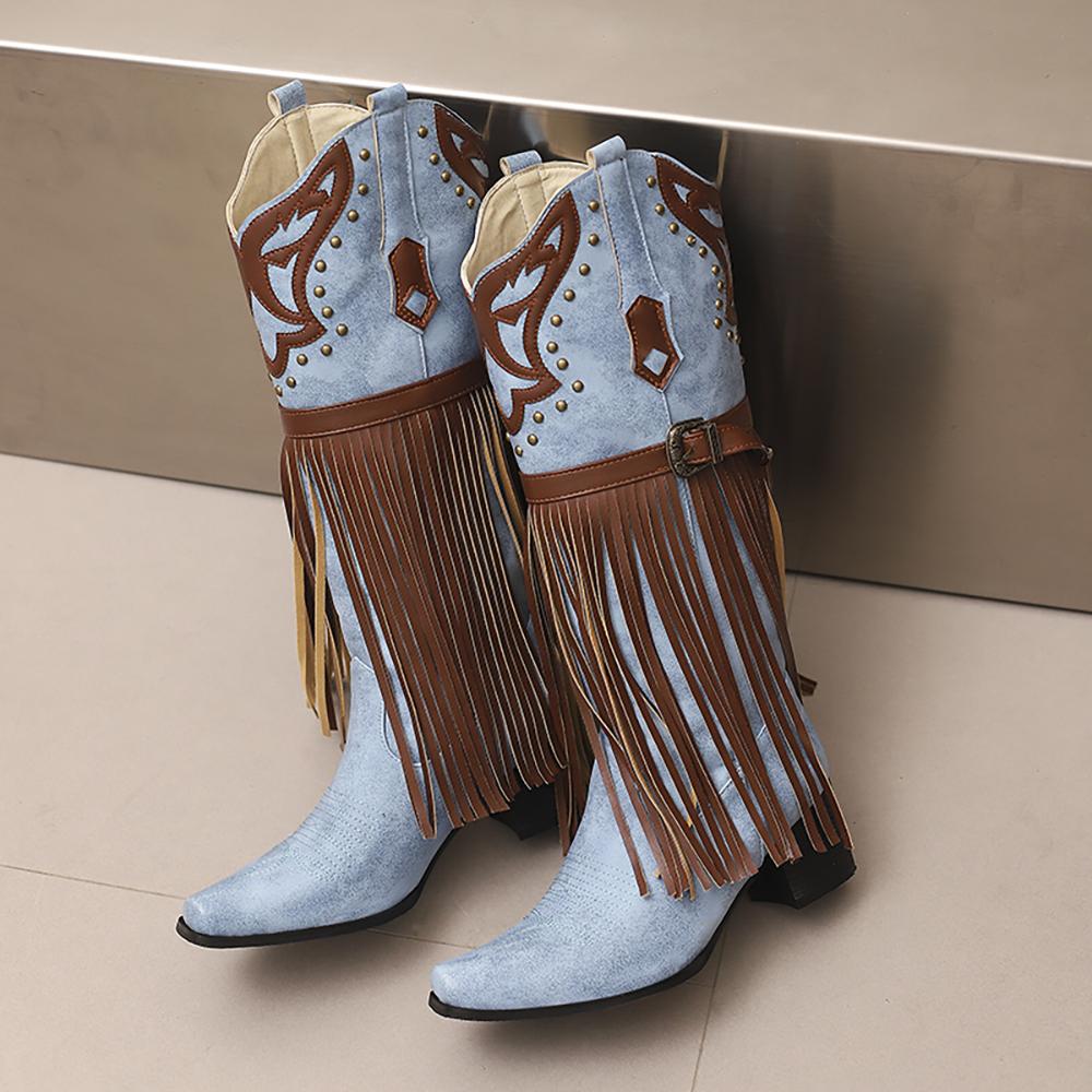 2026 Neue Winter Schwarz Weiß Damen Kniehohe Westernstiefel Cowboystiefel Hoher Klobiger Absatz Damenschuhe Übergröße 12 43 45 48
