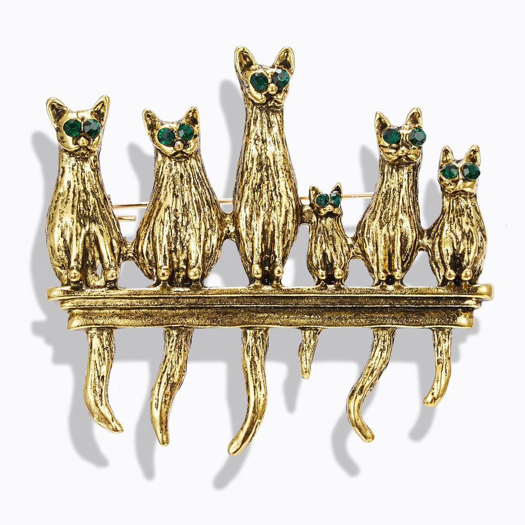 Rinhoo 6 Cute Cats Enamel Pin Vintage Green Rhinestone Eyes Cat Brooches For Women Animal Kitten Casual Party Brooch Pins Gifts