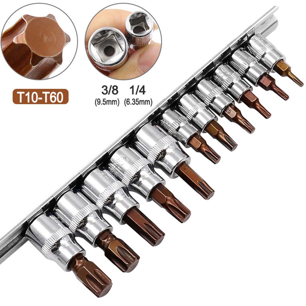 11-teiliges Steckschlüssel-Set Torx-Schraubendrehereinsätze 3/8 1/4 Zoll Schraubenschlüssel-Steckadapter T10 T15 T20 T25 T27 T30 T40 T45 T50 T55 T60
